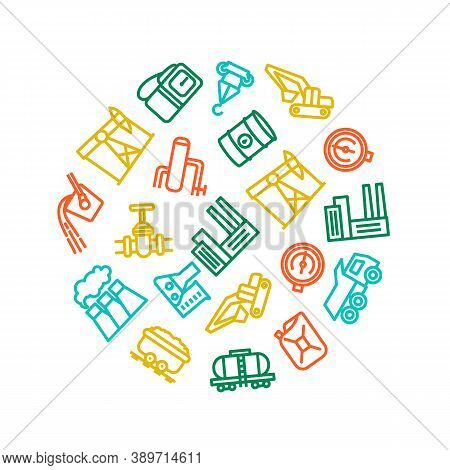 Heavy Industry Thin Line Concept Round Design Template Banner Include Of Factory, Truck, Excavator A