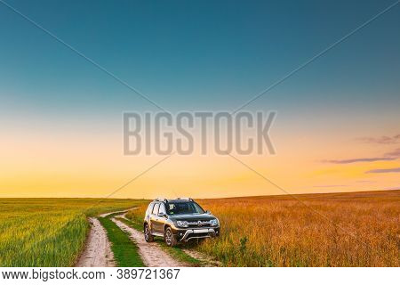 Gomel, Belarus - June 24, 2018: Car Renault Duster Or Dacia Duster Suv In Summer Field Countryside L