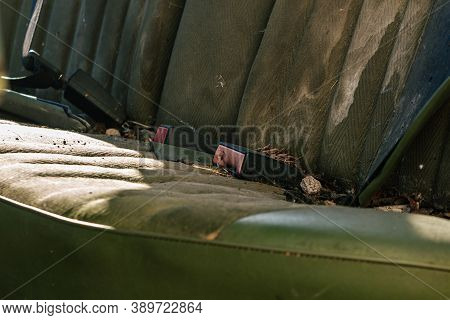 Old Retro Green Car Chairs And Safe Belts, Underconstruction Transport Parts