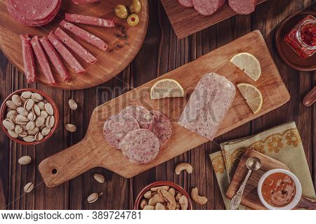 Slices Of White Pudding With Pistachios, Chestnut And Smoked Salami. Morcela Branca - Top View