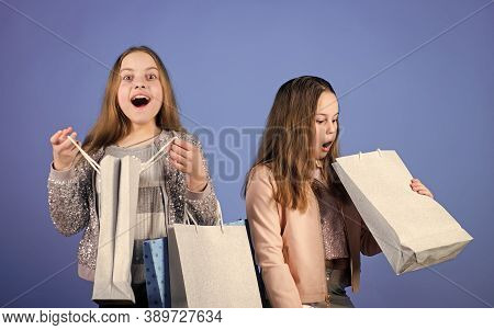 Sales And Discounts. Small Girls With Shopping Bags. Sisterhood And Family. Savings On Purchases. Ha
