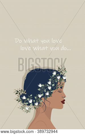 Postcard With A Quote Girl On A Beige Background With A Wreath On Her Head