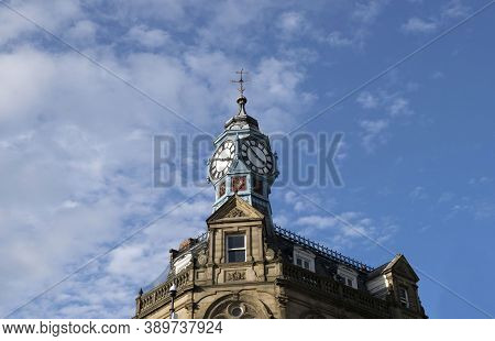 Doncaster, Yorkshire, Northern England -  October 7, 2020. The Iconic Clock Corner Doncaster Against