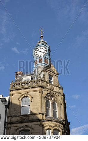 Doncaster, Yorkshire, Northern England -  October 7, 2020. Close Up Of The Iconic Clock Corner Donca