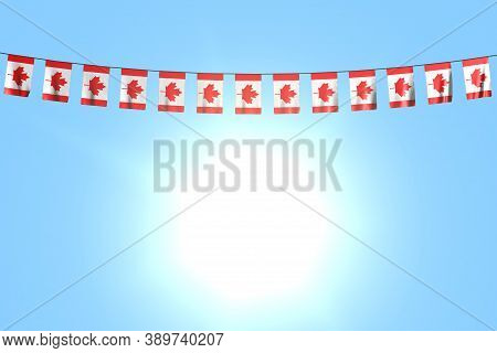 Beautiful Many Canada Flags Or Banners Hanging On String On Blue Sky Background - Any Feast Flag 3d 