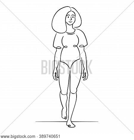 Young Woman In A Closed Bikini Swimsuit. Continuous Single Line.flat Sketch Line Design Style Minima