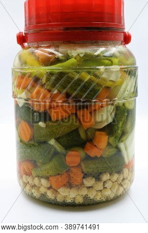 Turkish Tursu Pickled Vegetables In Jar Isolated On White Background.