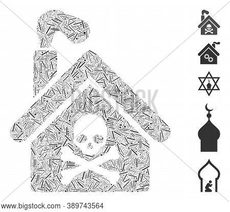Dash Mosaic Based On Crematory Building Icon. Mosaic Vector Crematory Building Is Designed With Scat