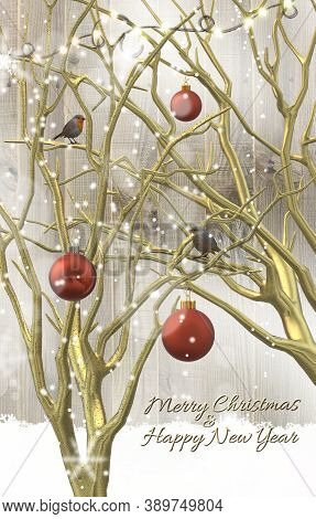 Winter Design For Festive Period. Christmas Card Woth Gold Trees, Baals Baubles, Birds Robins. Text 
