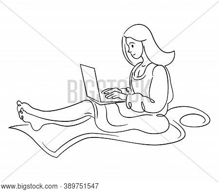 Young Woman Girl With Long Hair Works At A Laptop. Continuous Single Line.flat Sketch Line Design St