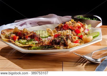 Mexican Longaniza Sausage And Steak Street Tacos Campechanos With Chicharron Pork Rinds And Tomatill