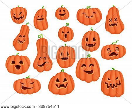 Halloween Party Pumpkin Cartoon Character Sticker Set. Scary Jack O Lantern Vector Design Collection