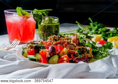 Sunny Day Middle Eastern Chicken Shawarma Salad Rice Platter With Ingredients Surrounding