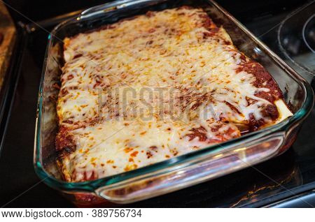Close Up Delicious Stuffed Manicotti Lasagna With Mozzarella On Top