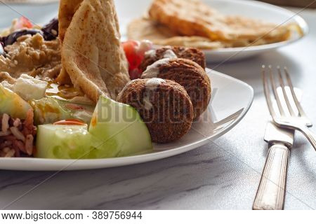 Loaded Salad Greek Falafel Hummus Plate With Pita Bread