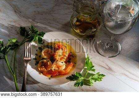 Portuguese Dinner Camarao Ao Alho E Oleo Garlic Shrimp With Dramatic Sunlight