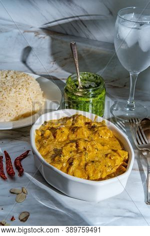 Authentic Indian Almond Chicken Korma Curry Dinner With Basmati Rice And Green Chutney