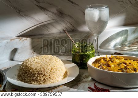 Authentic Indian Almond Chicken Korma Curry Dinner With Basmati Rice And Green Chutney