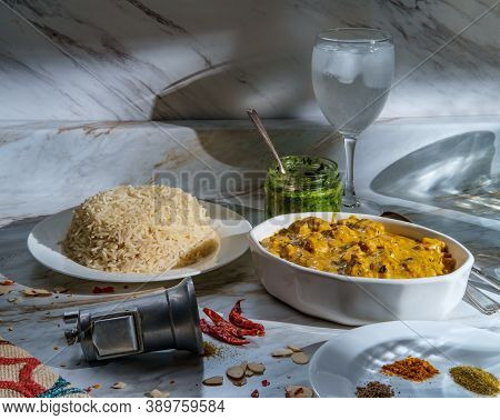 Authentic Indian Almond Chicken Korma Curry Dinner With Basmati Rice And Green Chutney