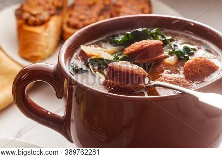Traditional Portuguese Caldo Verde Chourico Soup With And Petiscos