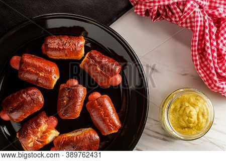 Mini Pretzel Hot Dog Pigs In A Blanket With Dijon Mustard For Dipping