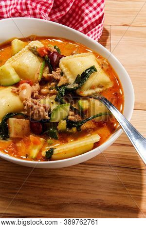 The Works Creamy Italian Minestrone Soup With Cheese Ravioli And Sausage