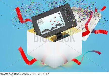 Fish Finder Inside Gift Box, 3d Rendering On Blue Background