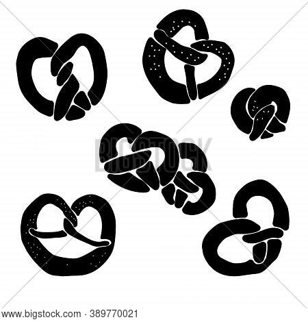 Set Of Pretzels Logo Or Sign For Baking, Simple Image Of Silhouettes Of Bakery Products, Vector Illu