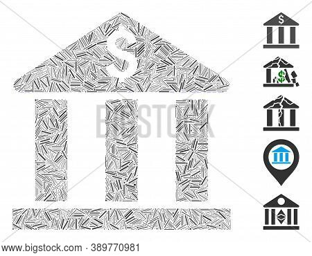 Dash Mosaic Based On Bank Building Icon. Mosaic Vector Bank Building Is Composed With Randomized Hat