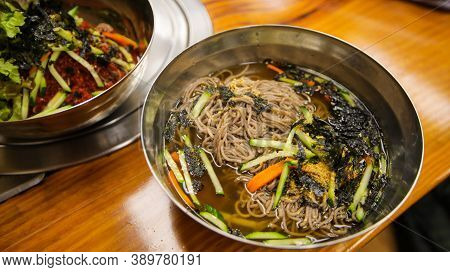 Korean Summer Speciality Food, Cold Buckwheat Noodles,memil Guksu, On A Stainless Steel Bowl