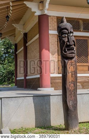 Chilgapsan, South Korea; October 2, 2020: For Editorial Use Only. Jangseung Totem In Front Of Buildi