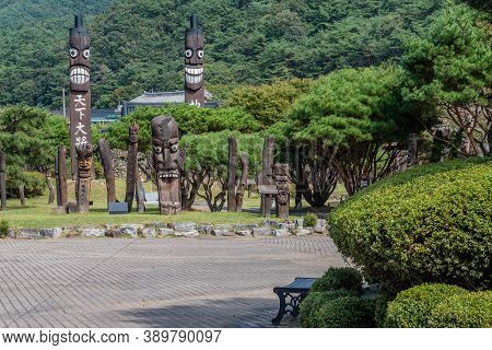 Chilgapsan, South Korea; October 2, 2020: For Editorial Use Only. Two Towering Korean Totem Poles Be
