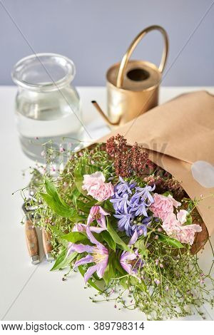 Bouquet 006, Step By Step Installation Of Flowers In A Vase. Flowers Bunch, Set For Home. Fresh Cut 