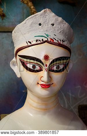 Goddess Durga Idol Decorated At Puja Pandal In Kolkata, West Bengal, India. Durga Puja Is Biggest Re
