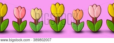 Gingerbread Cookies In The Shape Of A Tulip. Cookies In The Shape Of A Spring Flower On A Pink Backg