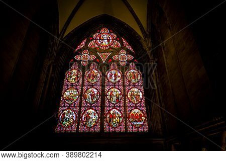 Bayeux, France - September Circa, 2020. Colored Glass, Stained Window Cathedral Notre Dame, Gothic C