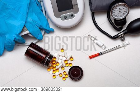 Different Medical Objects On White Background. Health Care. Top View.