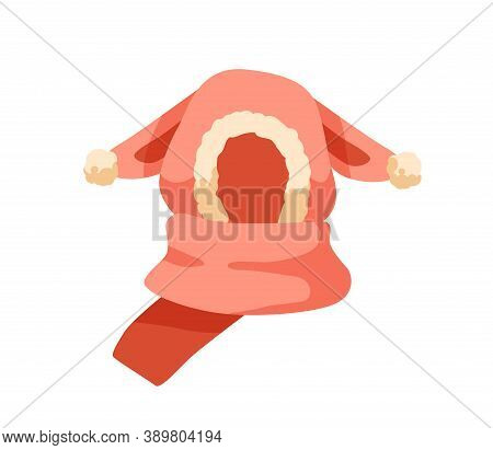Cute Childish Bobble Hat Or Balaclava With Rabbit Ears And Knitted Scarf. Winter Headdress With Pomp