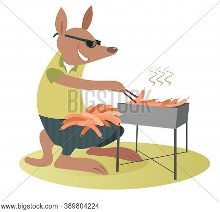 Cartoon Kangaroo Fries Sausages On The Grill Illustration, Funny Kangaroo In Sunglasses With A Lot O