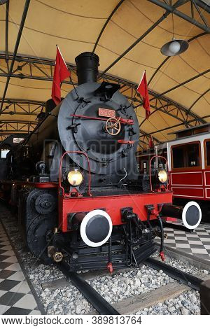 Istanbul, Turkey - September 20, 2020: Steam Locomotive Engine In Rahmi M. Koc Industrial Museum. Ko