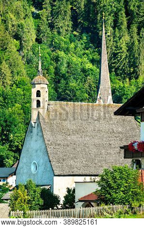 Churches At Burgeis Or Burgusio In South Tyrol, The Italian Alps