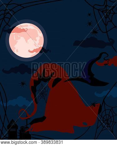 Halloween Concept With Witch's Hats, Bloody Red Full Moon, Silhouettes Of Spiders And Cobwebs.cemete