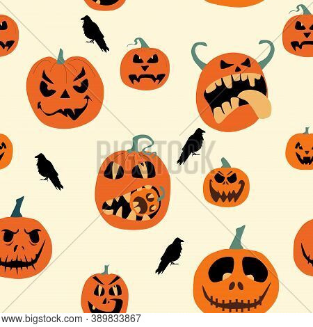 Halloween Spooky Night Seamless Pattern With Various Pumpkins And Crows. Jack O Lanterns With Weird 