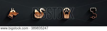 Set Dog Head, Swan Bird, Paw Print And Worm Icon With Long Shadow. Vector