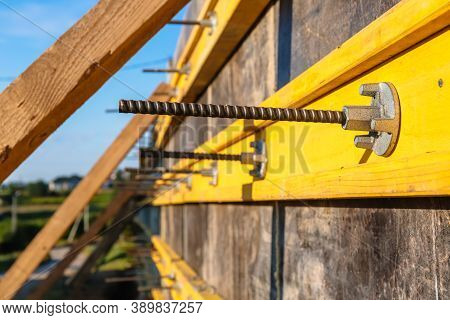 Close-up Construction Of A Retaining Wall Or Counterfort, Formwork, Reinforced, Preparation To Pour