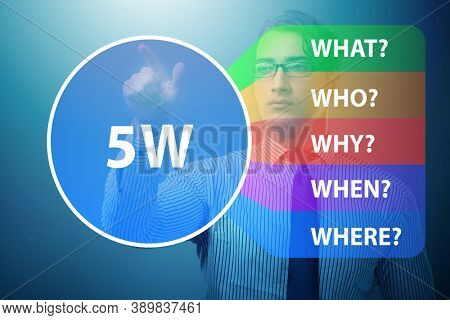 Five whys concept with businessman pressing virtual button
