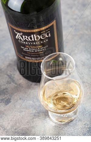 Trondheim, Norway - May 20 2020: Ardbeg Corryvreckan single malt scotch whisky bottle and glass