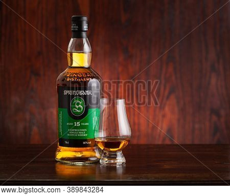Trondheim, Norway - May 20 2020: Springbank single malt scotch whisky bottle and glass
