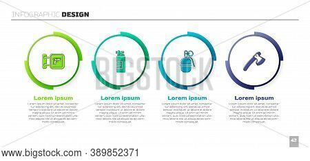 Set Hunting Shop Weapon, Weapons Oil Bottle, Hand Grenade And Wooden Axe. Business Infographic Templ