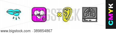 Set Herpes Lip, Heart Rate, Deaf And Lungs X-ray Icon. Vector